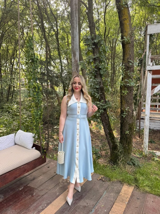 Mira İnci Düğmeli Tasarım Elbise Bebek Mavi