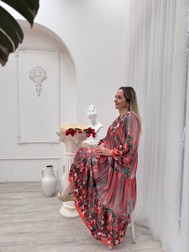 Miranda Pembe Çiçekli Balon Kol Elbise