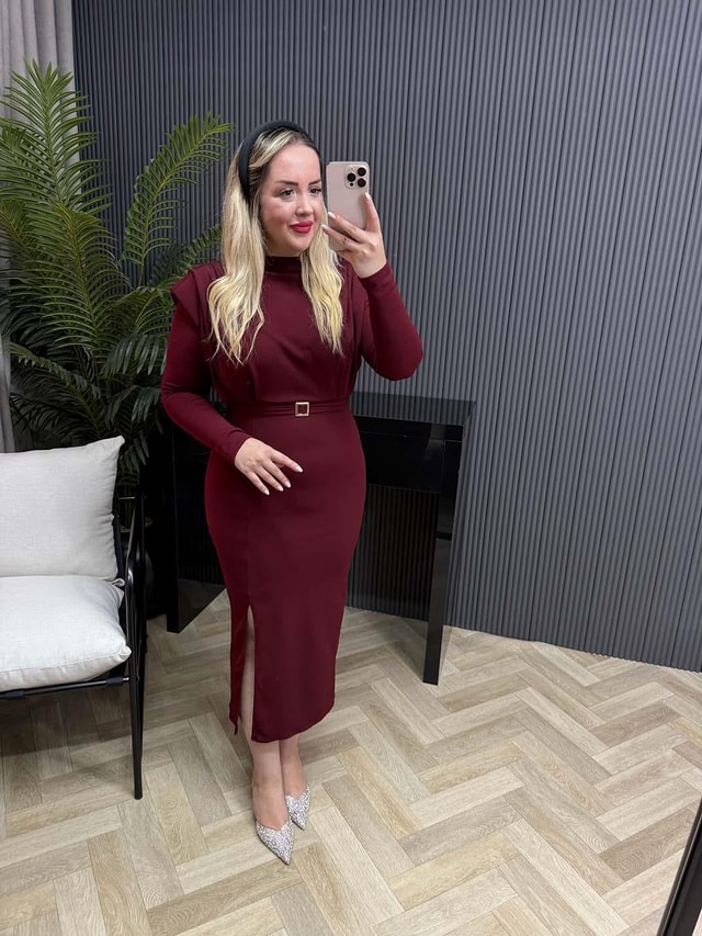 Miray Vatkalı Kuşaklı Elbise Bordo