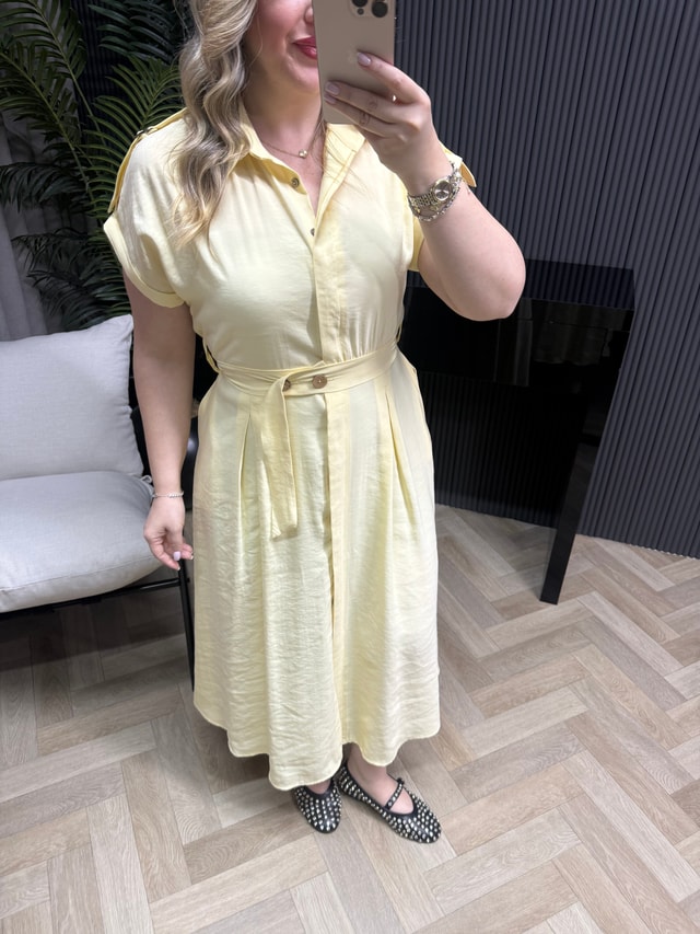 Miyase Beli Lastıkli Tensel Elbise Sarı 
