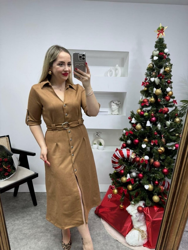 Önden Çitçit Düğmeli  Elbise Taba