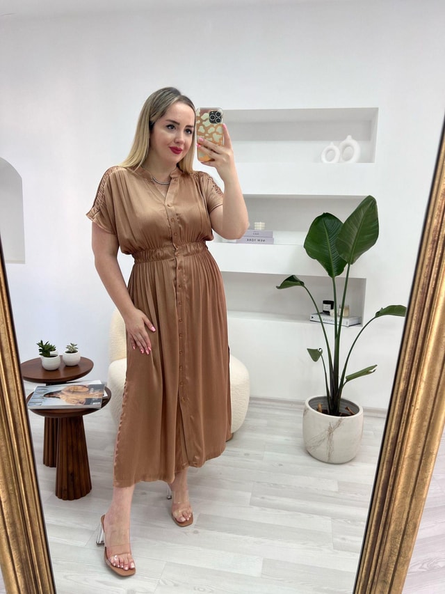 Önden Düğmeli Beli Lastikli Saten Bronz