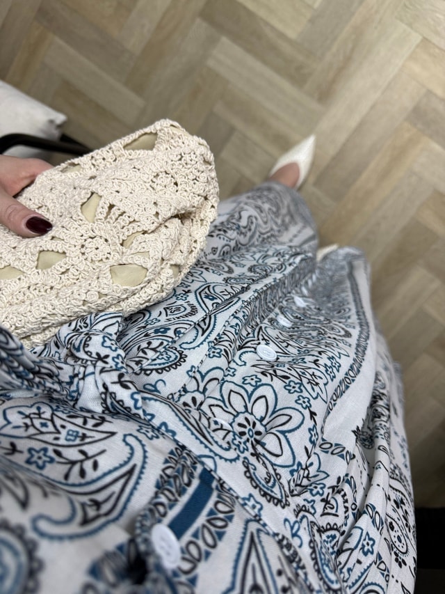 Önden Düğmeli Etnik Desenli Keten Tasarım Elbise Mavi 