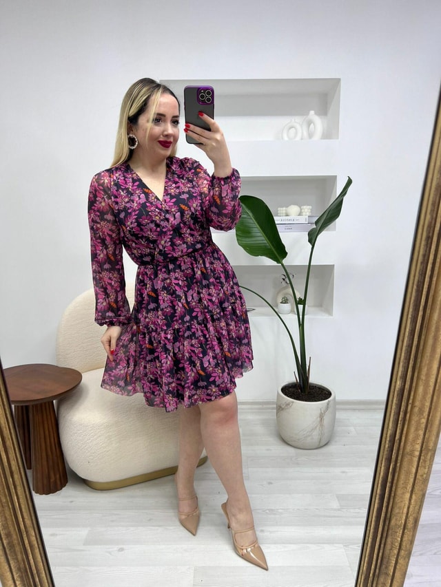 Orj Marka Beli Lastikli Pembe Çiçekli Elbise