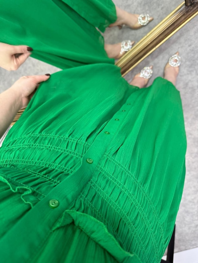 Orj Marka Beli Lastikli Şifon Elbise Yeşil