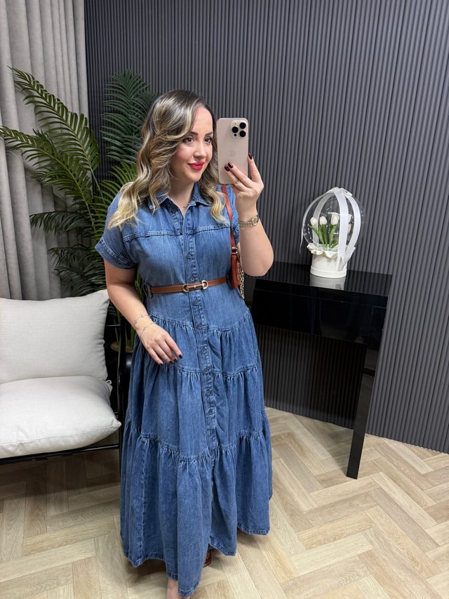 Orj Marka Kemerli Denim Elbise