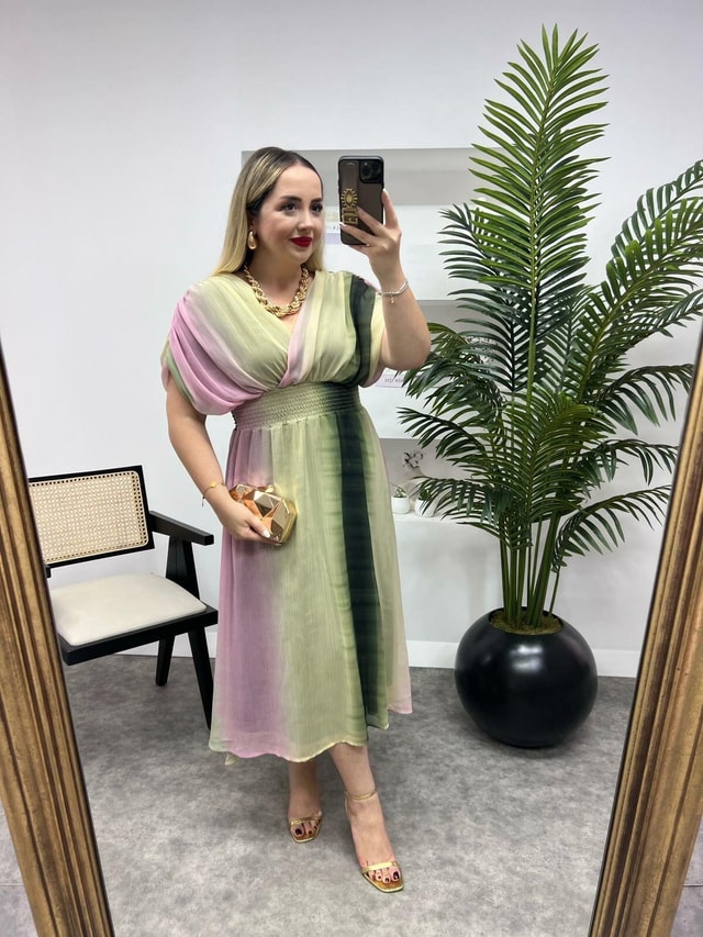 Orj Marka Beli Lastikli Batik Desen Elbise