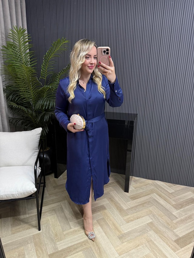 Orj Marka Model İpek Saten Gömlek Elbise Lacivert