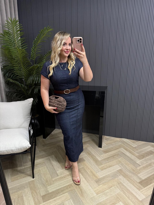 Orj Marka Model Kısa Kollu Kemerli Denim Elbise