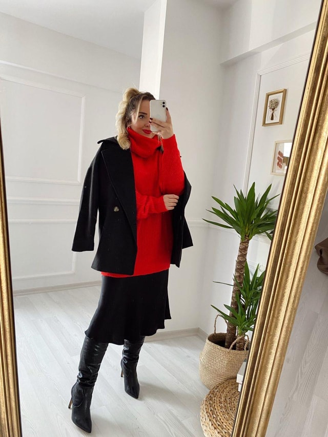 Oversize Model Siyah Kaşe Kaban
