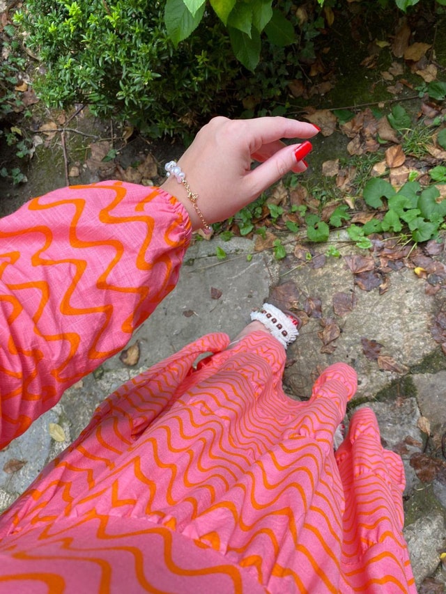 Pamuk Kumaş Turuncu Pembe Desen Elbise