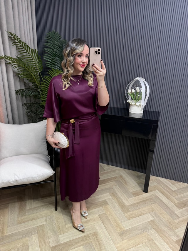 Paris Gold Detaylı Tasarım Saten Takım Mürdüm