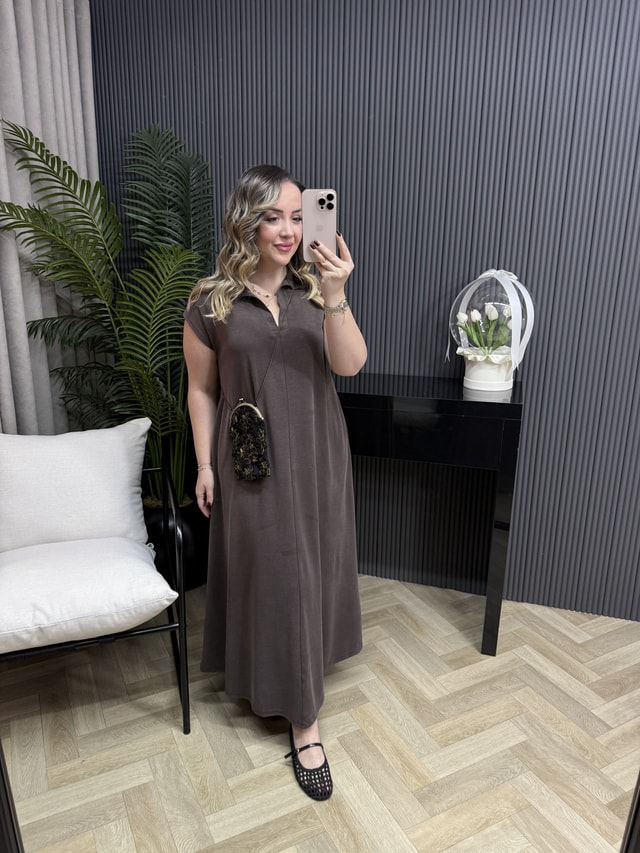 Pelo Yakalı Rahat Kalıp Modal Elbise Acı Kahve