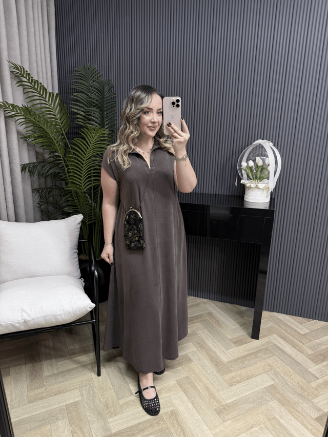 Pelo Yakalı Rahat Kalıp Modal Elbise Acı Kahve