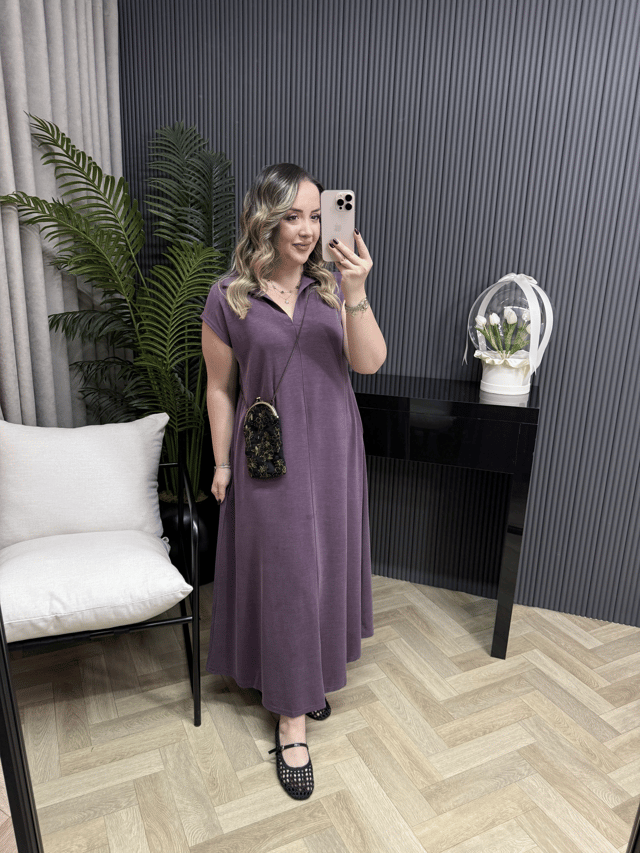 Pelo Yakalı Rahat Kalıp Modal Elbise Mürdüm