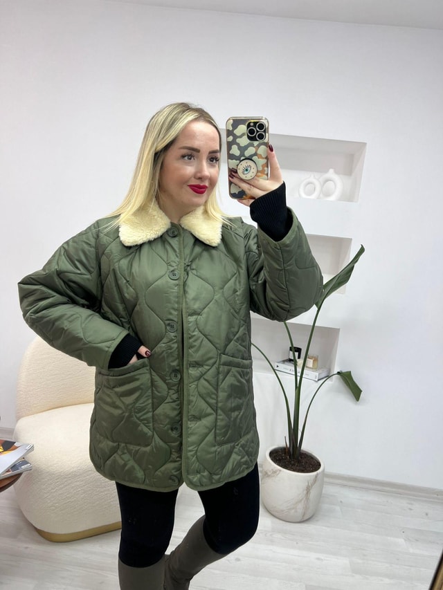 Peluş Yaka Haki Kapitone Mont