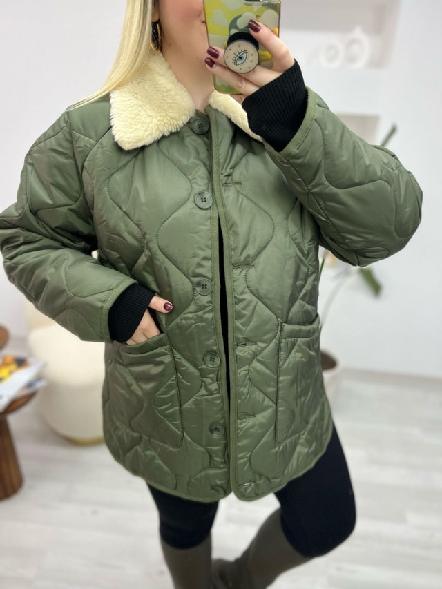 Peluş Yaka Haki Kapitone Mont