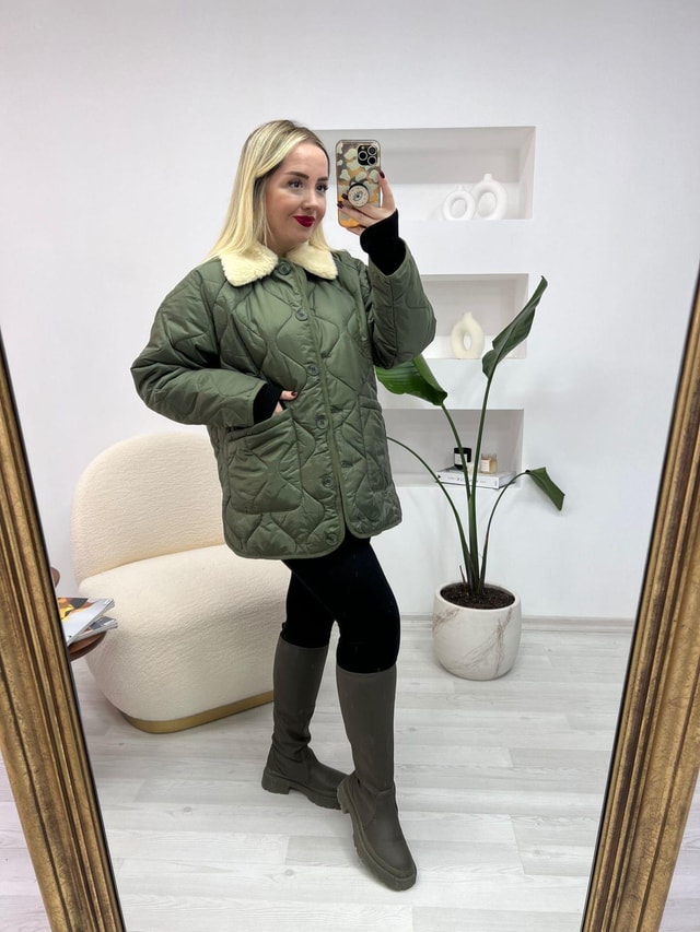 Peluş Yaka Haki Kapitone Mont