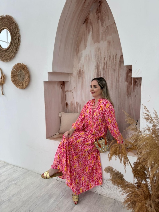Pembe- Sari Desenli Gömlek Elbise