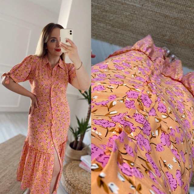 Pembe Turuncu Kol Detaylı Önden Düğmeli Elbise
