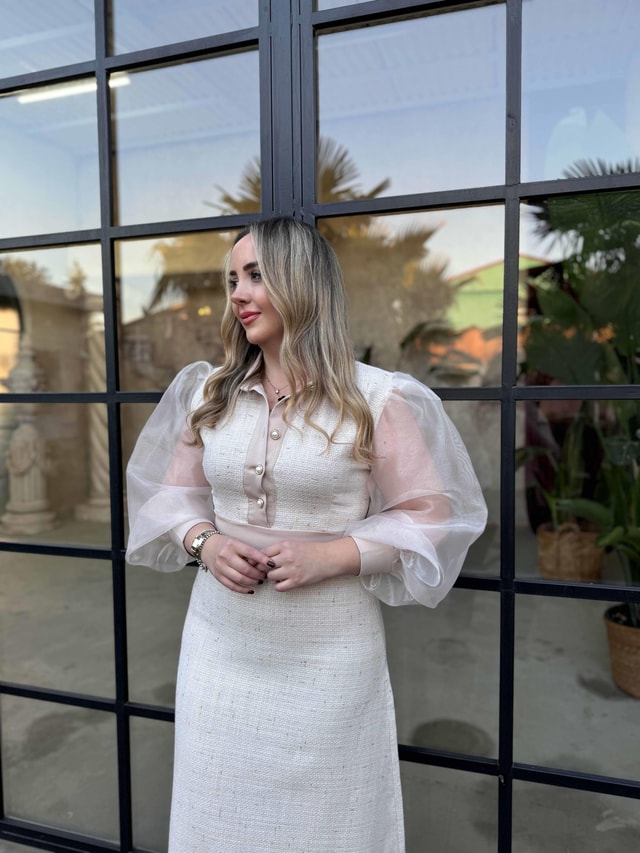 Peri Kolları Organze Tasarım Tüvit Elbise Ekru