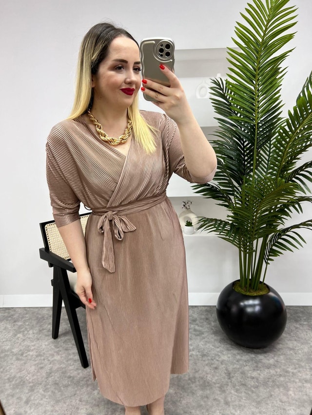 Pilise Kumaş Kuşaklı Midi Elbise Bronz