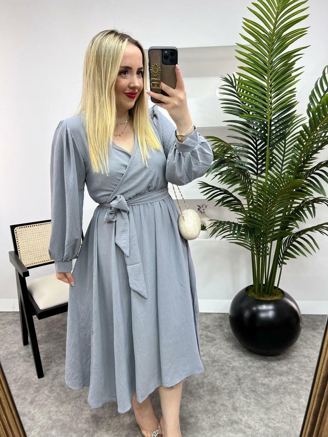 Prenses Model Beli Lastikli Elbise Gri