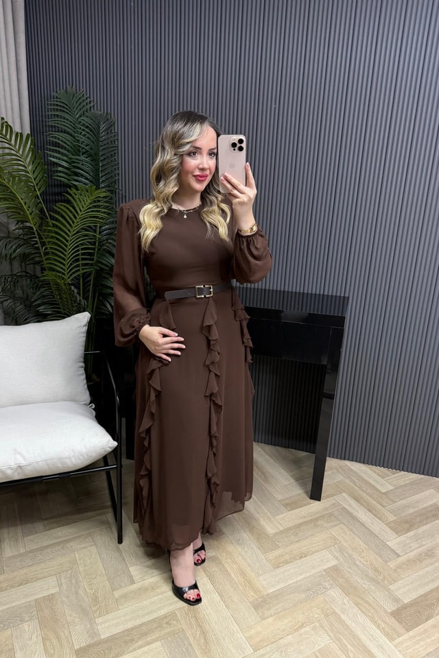 Rowena Kemerli Tasarım Şifon Elbise Acı Kahve