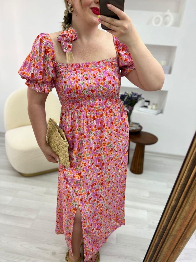 Saç Tokalı Pembe Desenli Lily Elbise