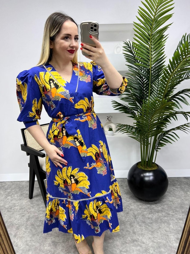 Saks Renk Eteği Firfir Poplin Balon Kol Elbise
