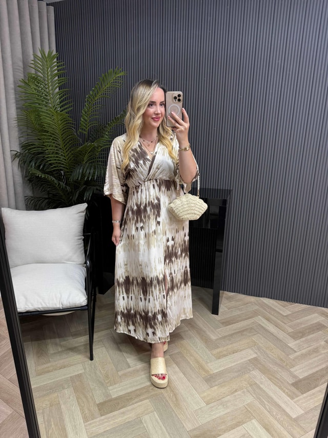Serena Model Kahverengi Bulut Desen Elbise