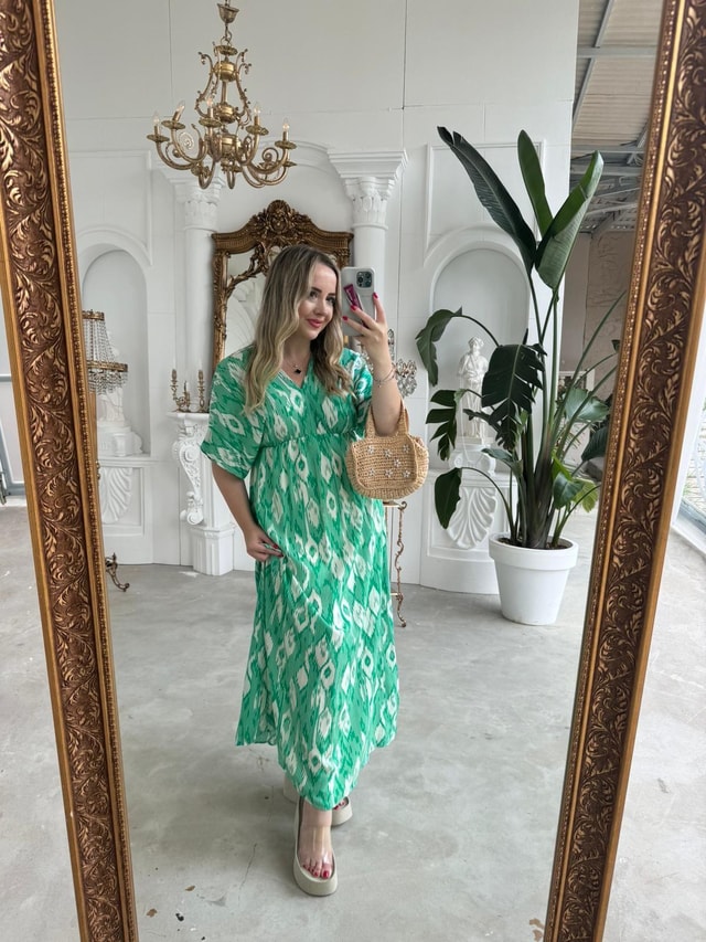 Serena Yırtmaçsiz Maxi Boy Damla Model Yeşil Renk Elbise
