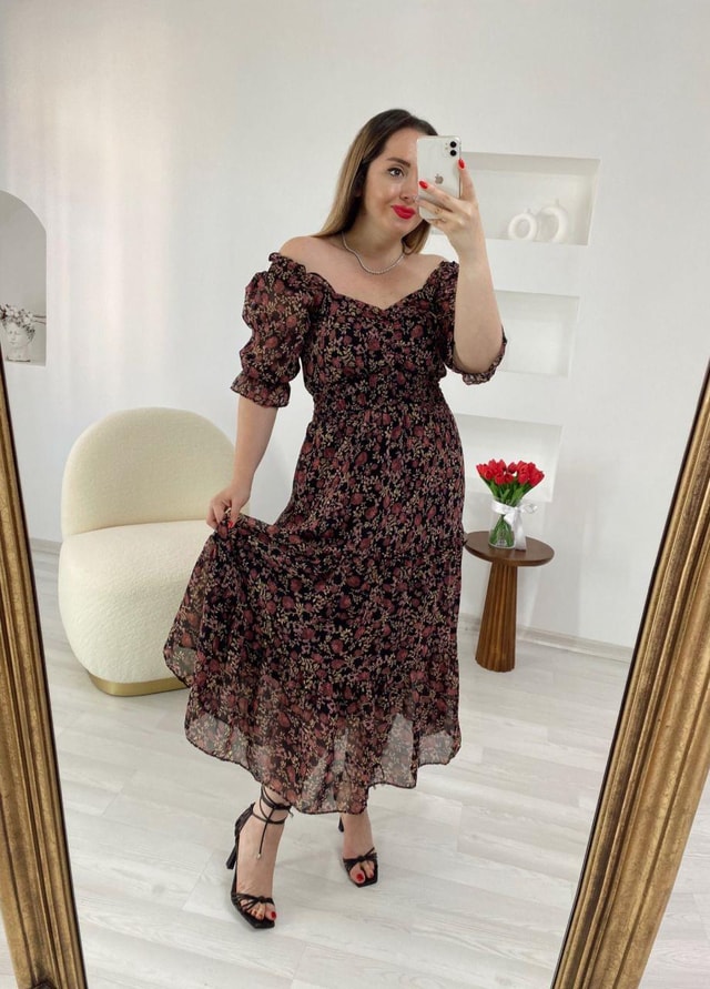 Şifon Beli Lastikli  Romantik Elbise