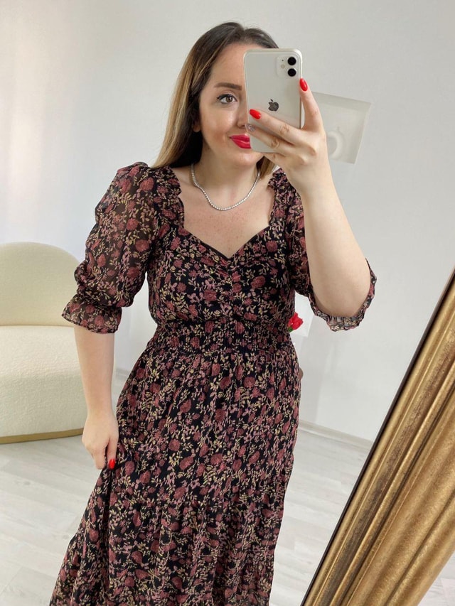 Şifon Beli Lastikli  Romantik Elbise