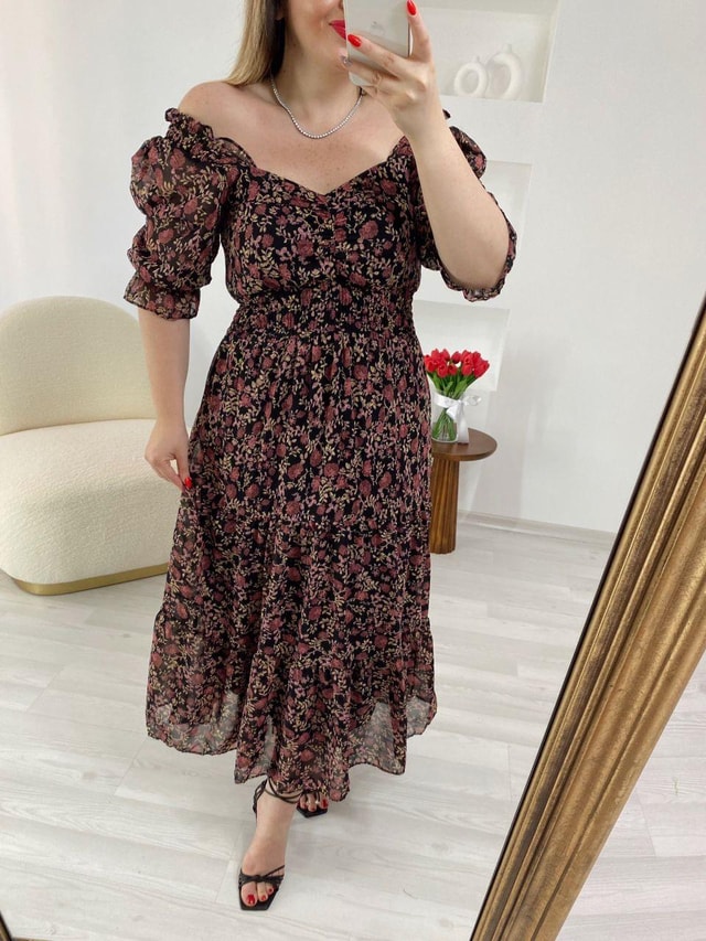 Şifon Beli Lastikli  Romantik Elbise