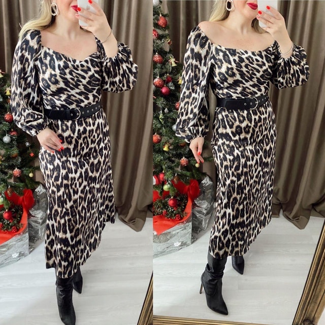 Siyah Leopar Desen Degaje Yaka Elbise