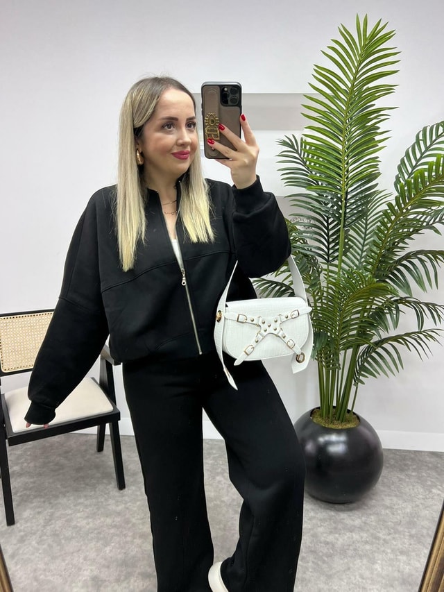 Siyah Önü Dikiş Detaylı Pantolon Sweat Takım
