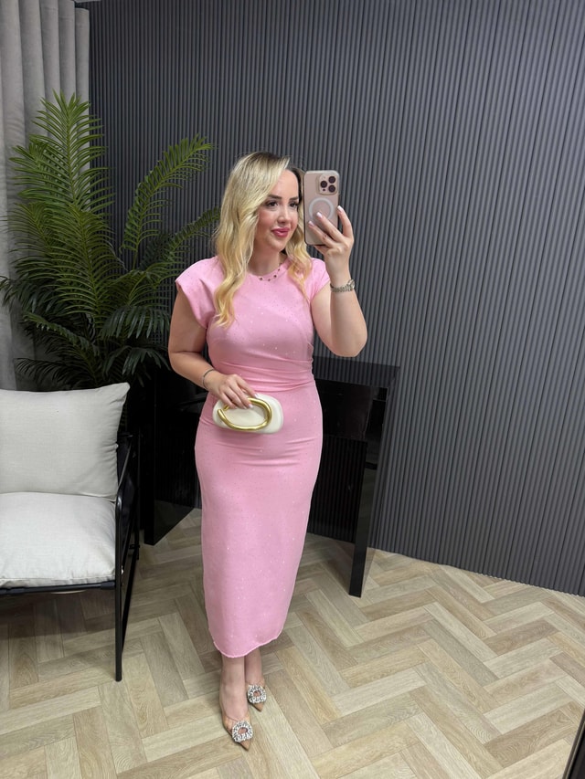Vatkalı Drapeli Taşlı Krep Elbise Pembe