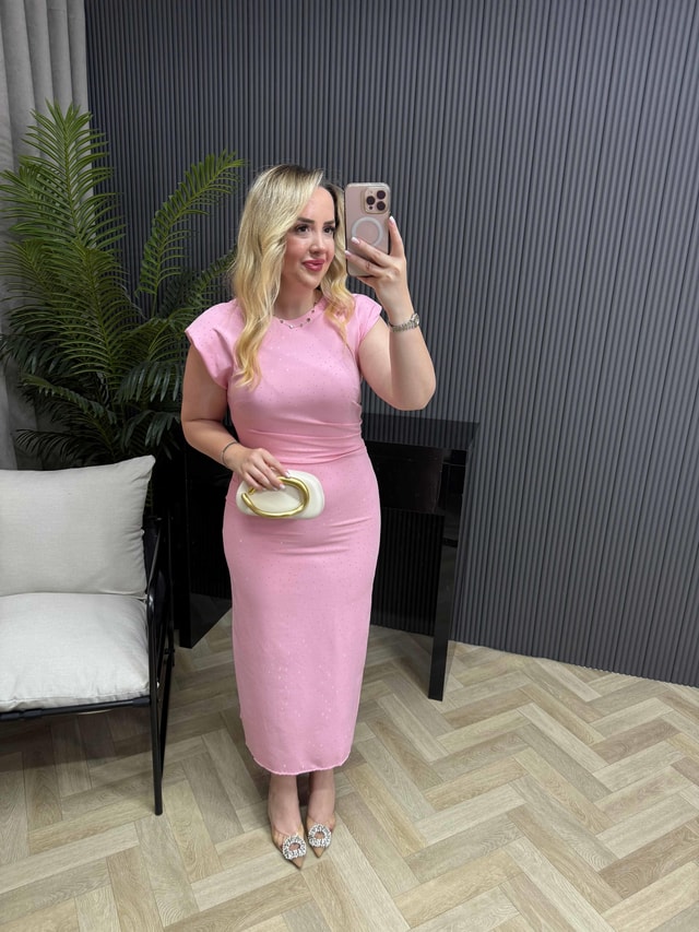 Vatkalı Drapeli Taşlı Krep Elbise Pembe