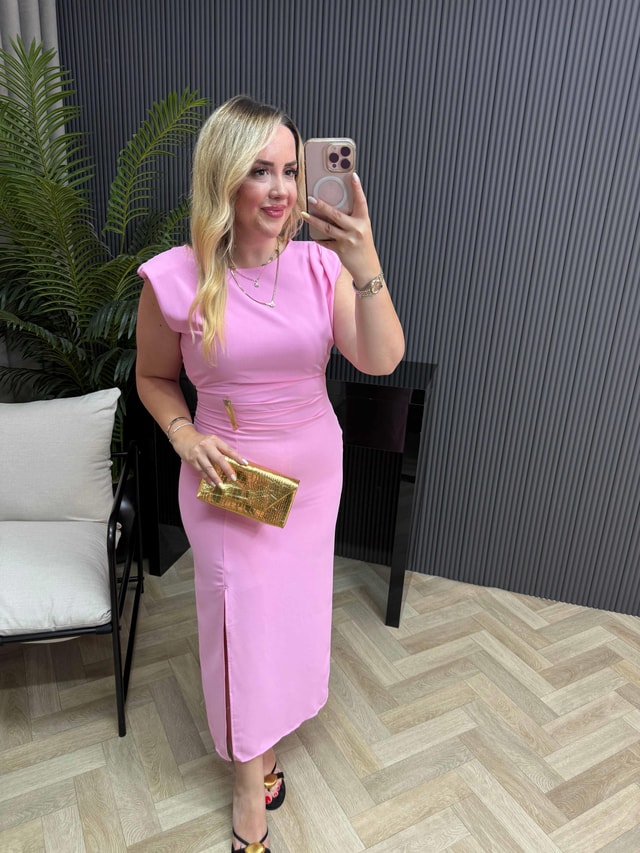 Vatkalı Gold Detaylı Kalem Elbise Pembe