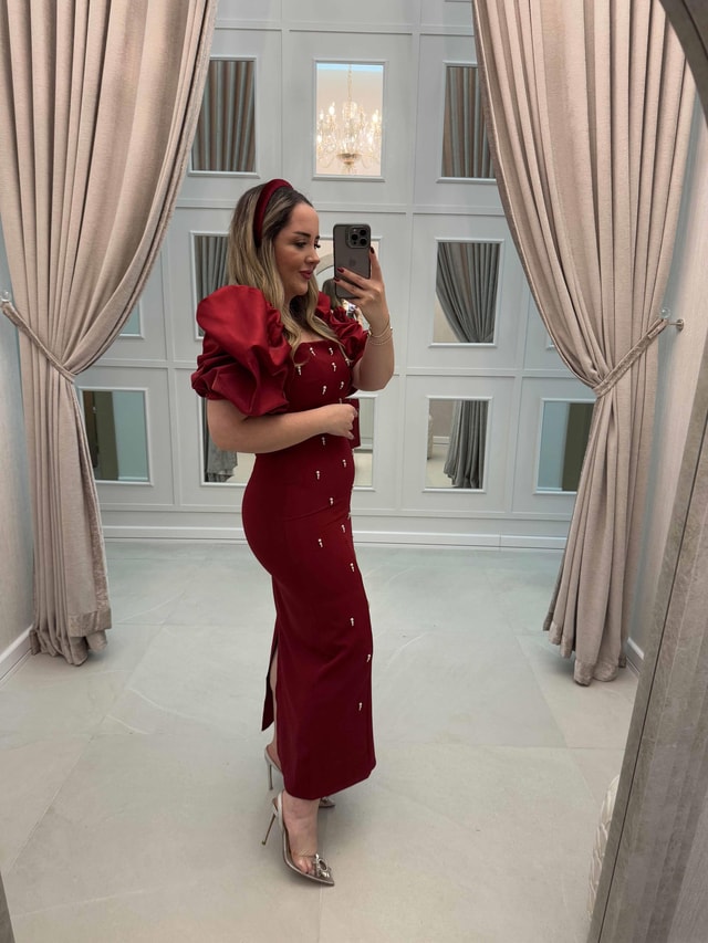 Violet İnci Detay Balon Kol Kalem Elbise Bordo