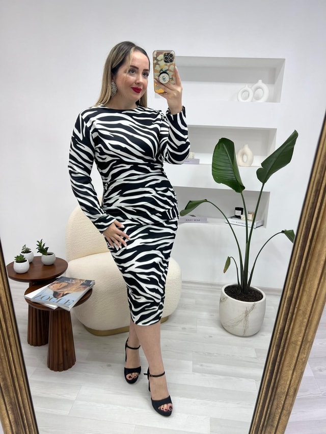 Zebra Desen Drapeli Midi Boy Elbise