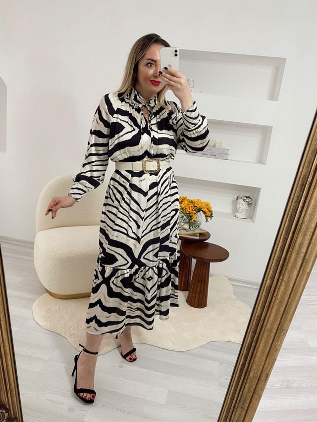 Zebra Desenli Kemerli Saten Elbise