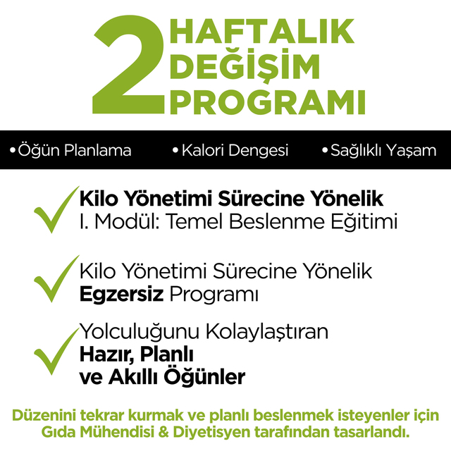 2 Haftalık Planlı Öğün Paketi (2 Ana + 1 Ara Öğün İçerir)
