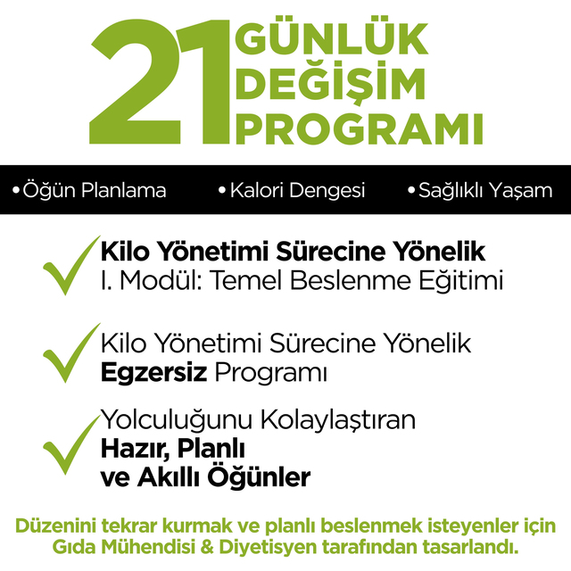 21 Günlük Planlı Hazır Öğün Paketi (2 Ana + 1 Ara Öğün İçerir)