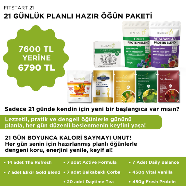 21 Günlük Planlı Hazır Öğün Paketi (2 Ana + 1 Ara Öğün İçerir)