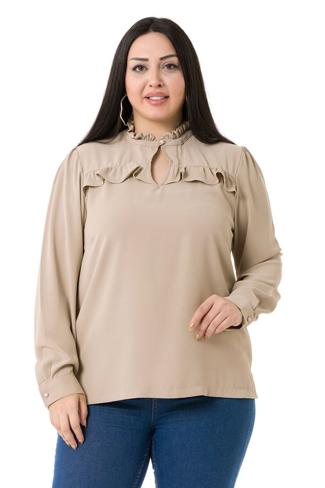 Plus Size Beige Blouse with Frill Detail on Collar and Chest and Slits on the Side
