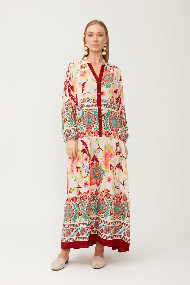 Bordo Desenli Viscon Elbise
