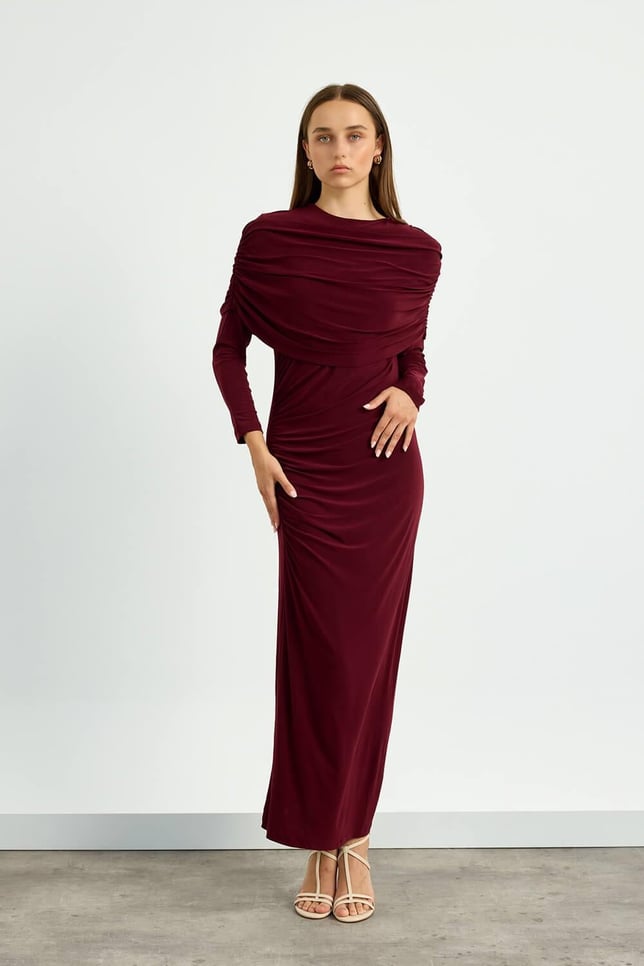 Bordo Omuz Detaylı Drape Elbise