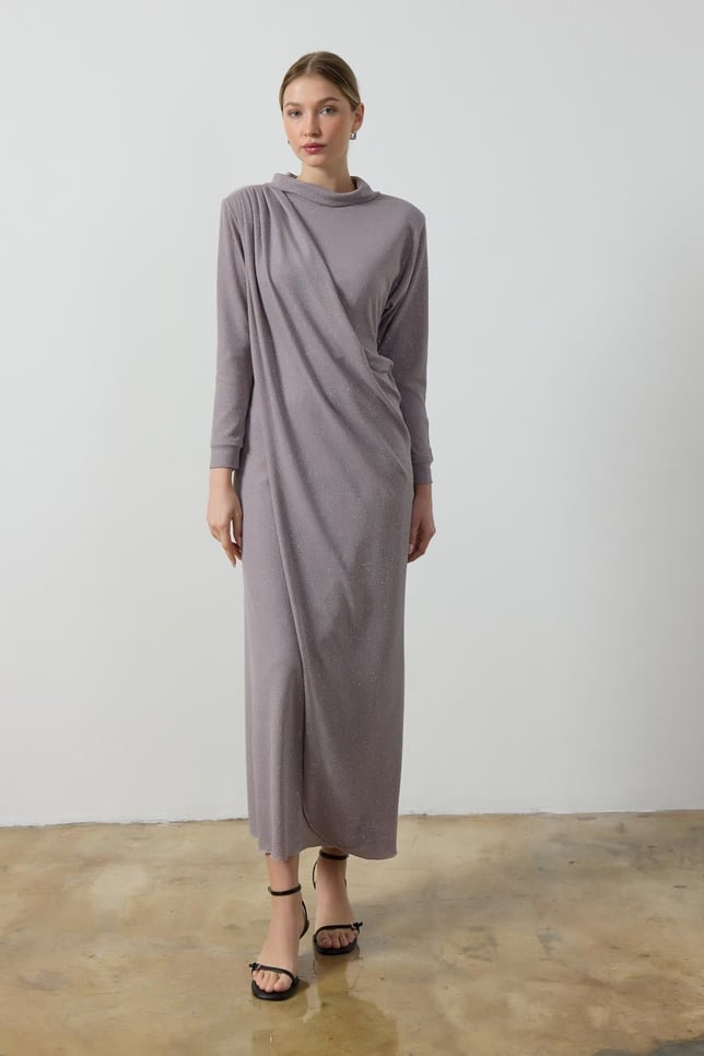 Gri Simli Drape Elbise